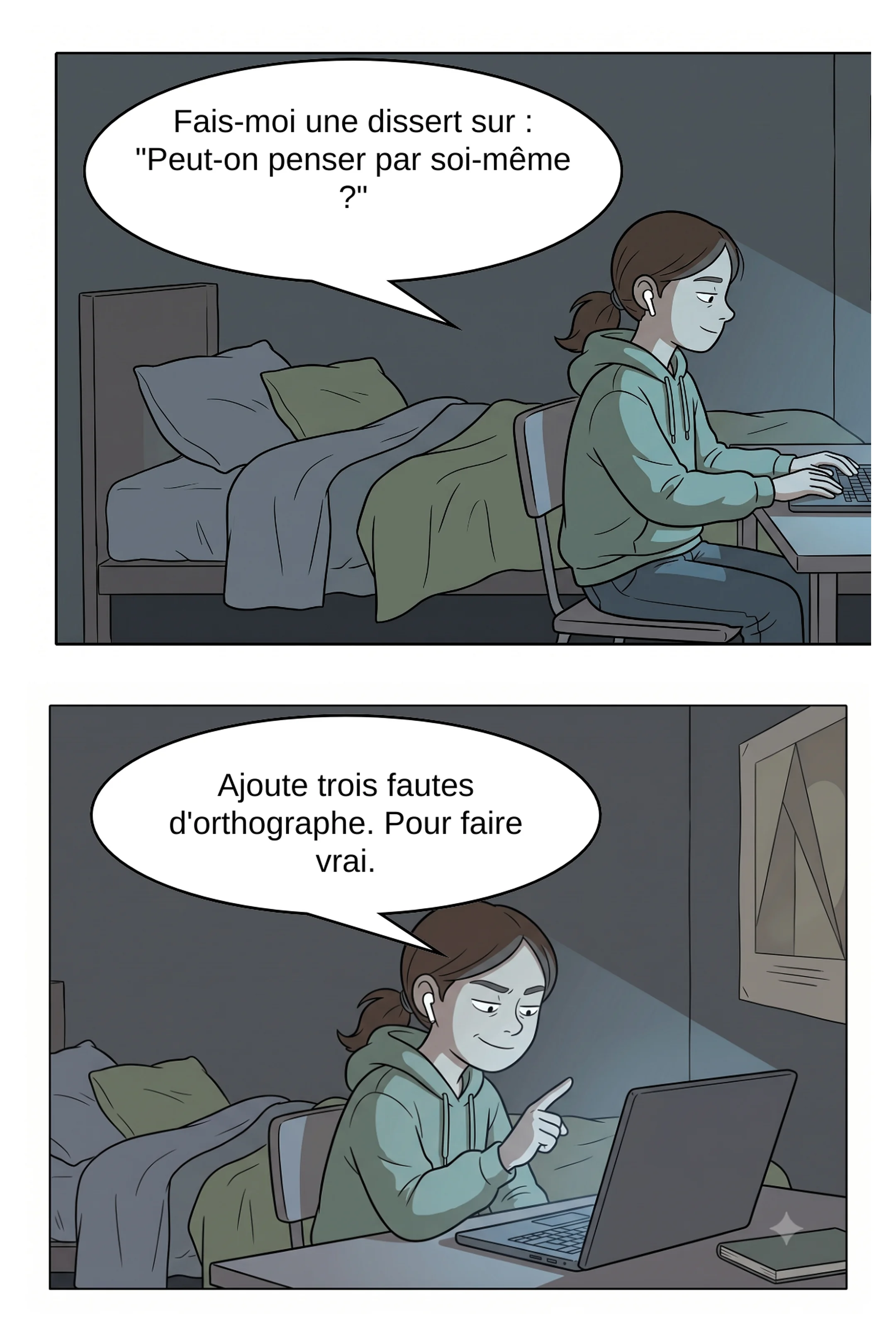 Planche 1 : Léa demande une dissertation à une IA, la nuit, dans sa chambre