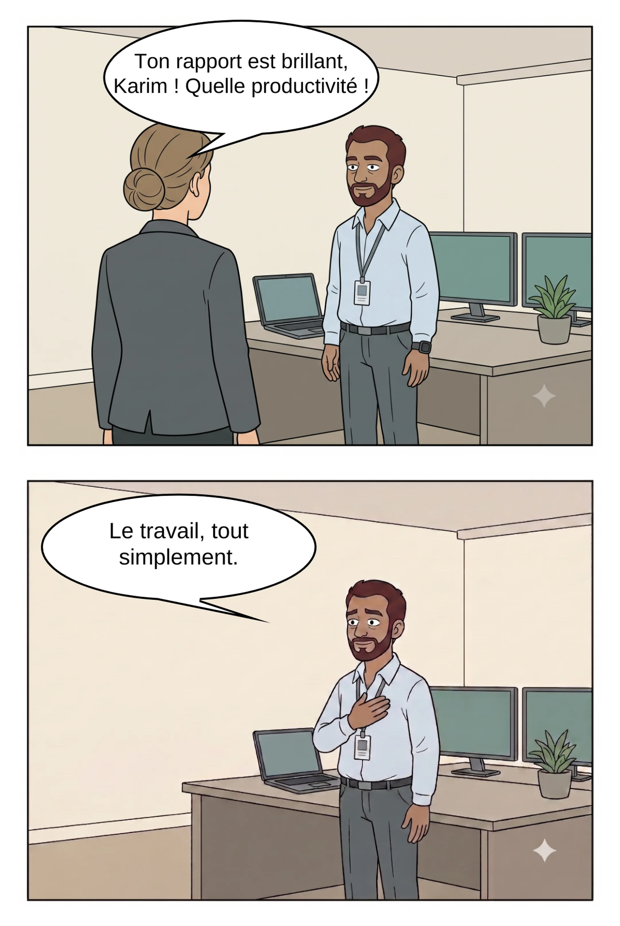 Planche 3 : Karim reçoit les félicitations d'une collègue pour son rapport