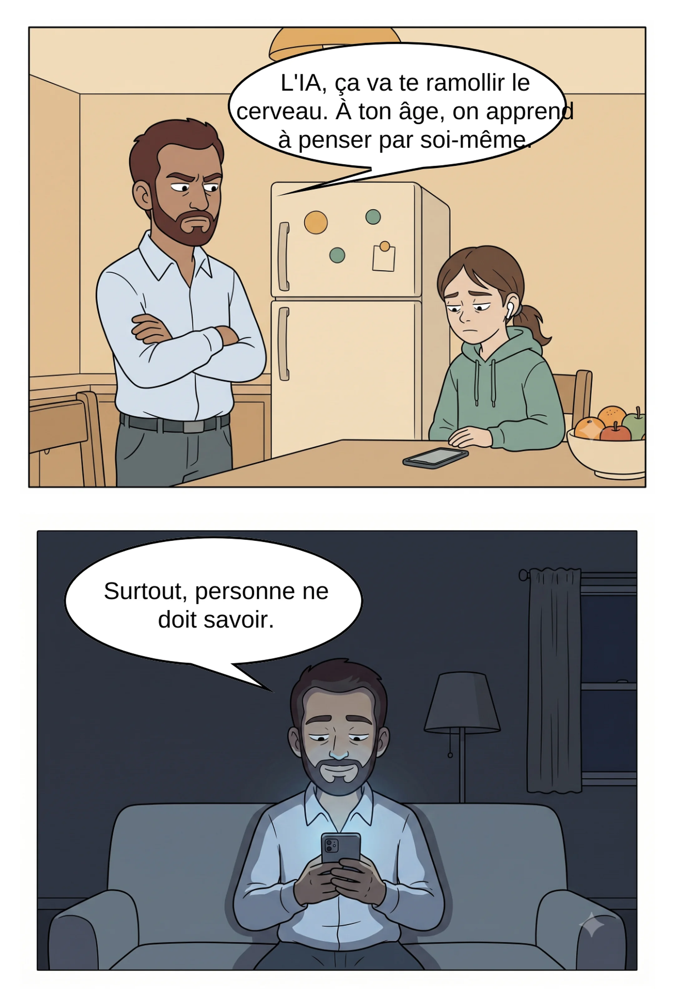 Planche 3, suite : Karim sermonne sa fille sur l'IA puis consulte son téléphone en cachette
