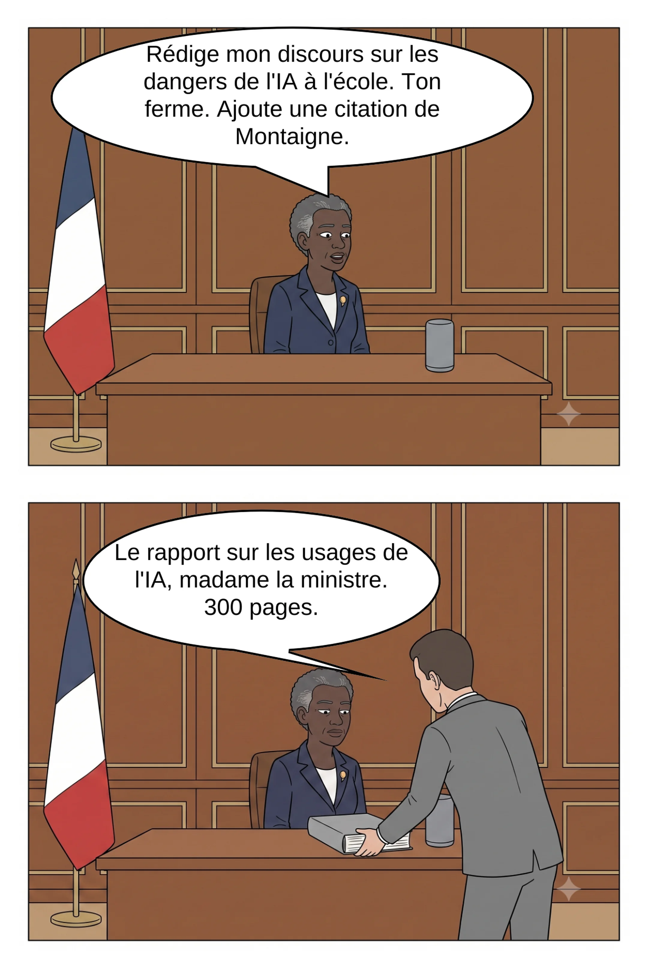 Planche 4 : la ministre fait rédiger son discours sur les dangers de l'IA