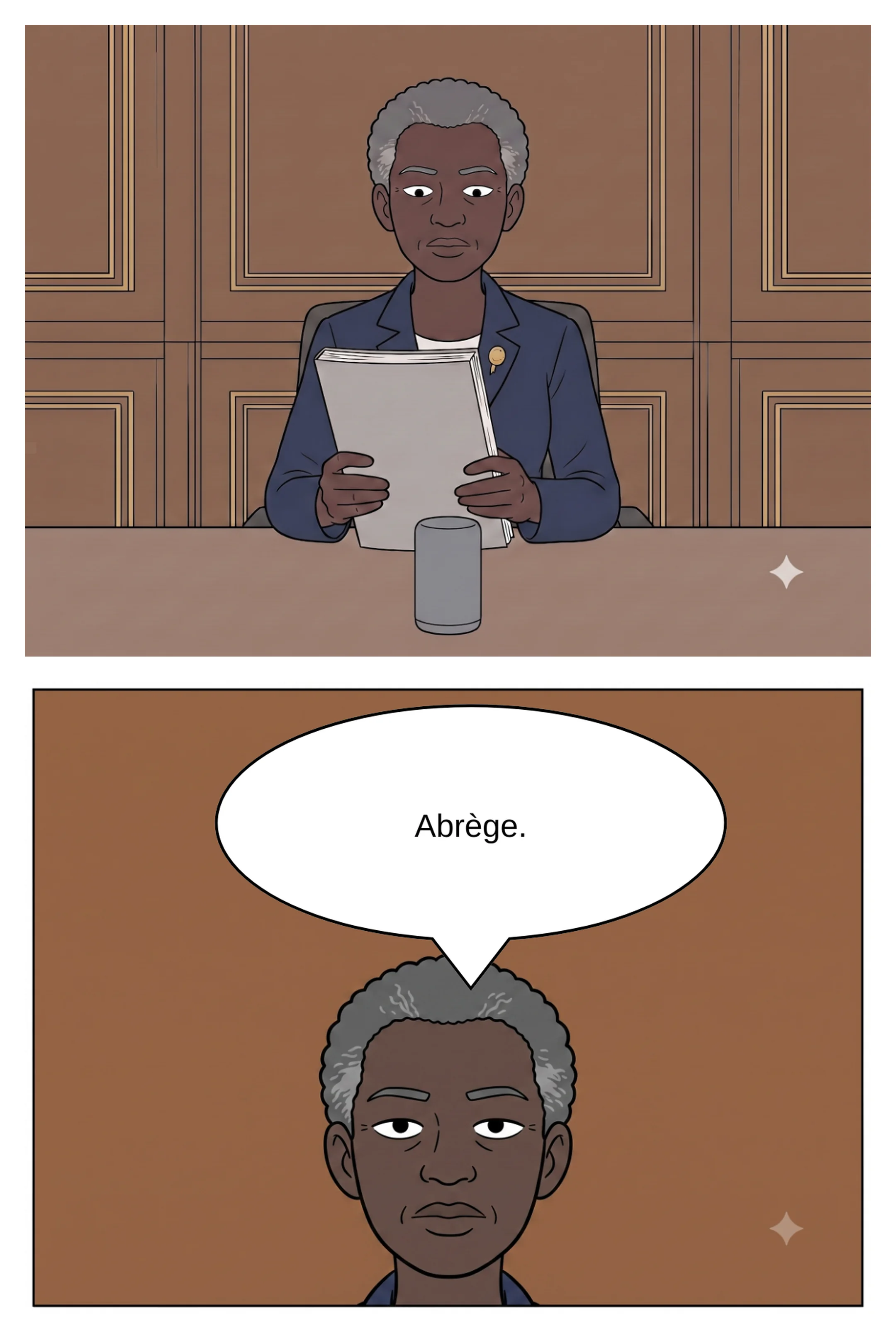 Planche 4, suite : la ministre tend un rapport de 300 pages à son assistant vocal et dit Abrège