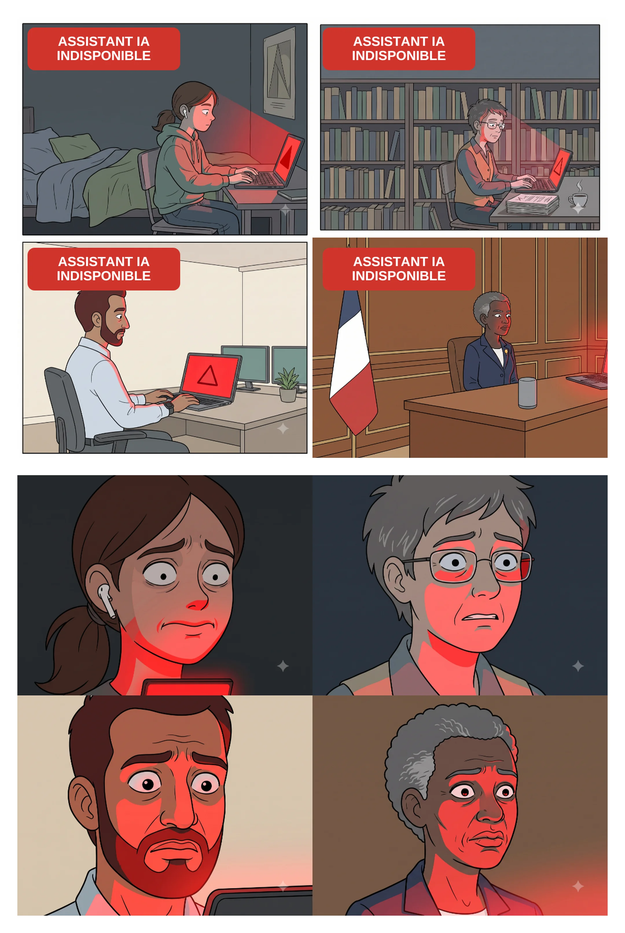 Planche 5 : les quatre personnages face au message Assistant IA indisponible