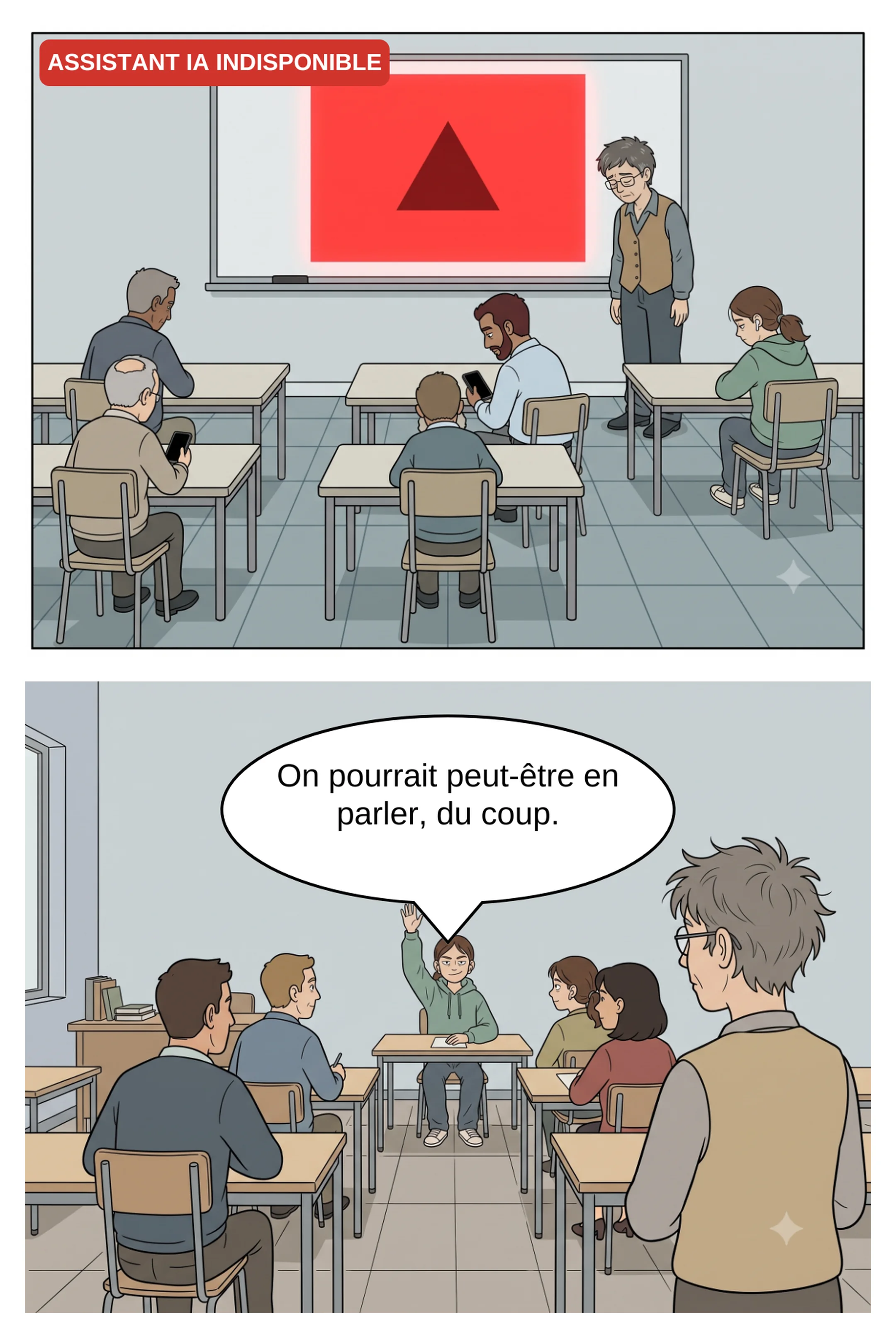 Planche 5, suite : réunion parents-professeurs, Léa lève la main